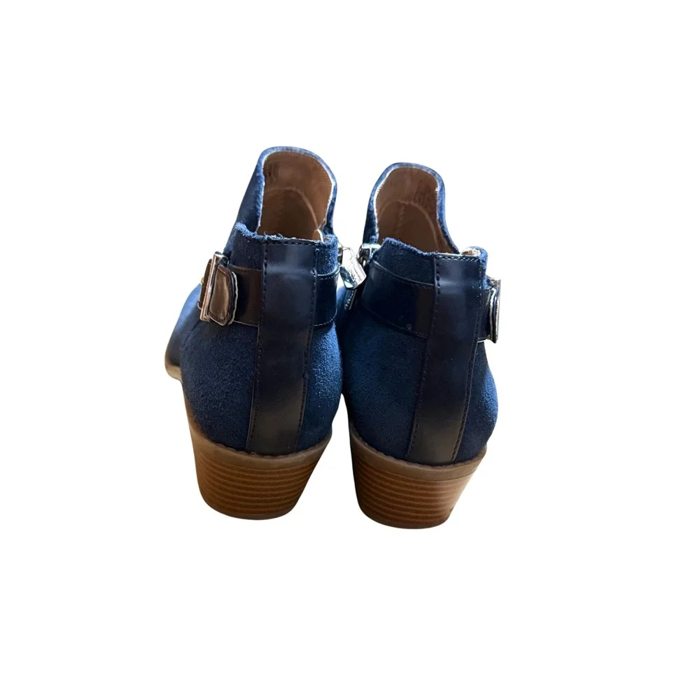 Vionic Blue Suede Ankle Booties Size 6 Buckle Side Zip Block Heel Comfort